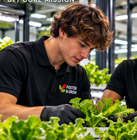 Concept image of a Foster and Grow polo-wearing apprentice tending indoor hydroponic crops