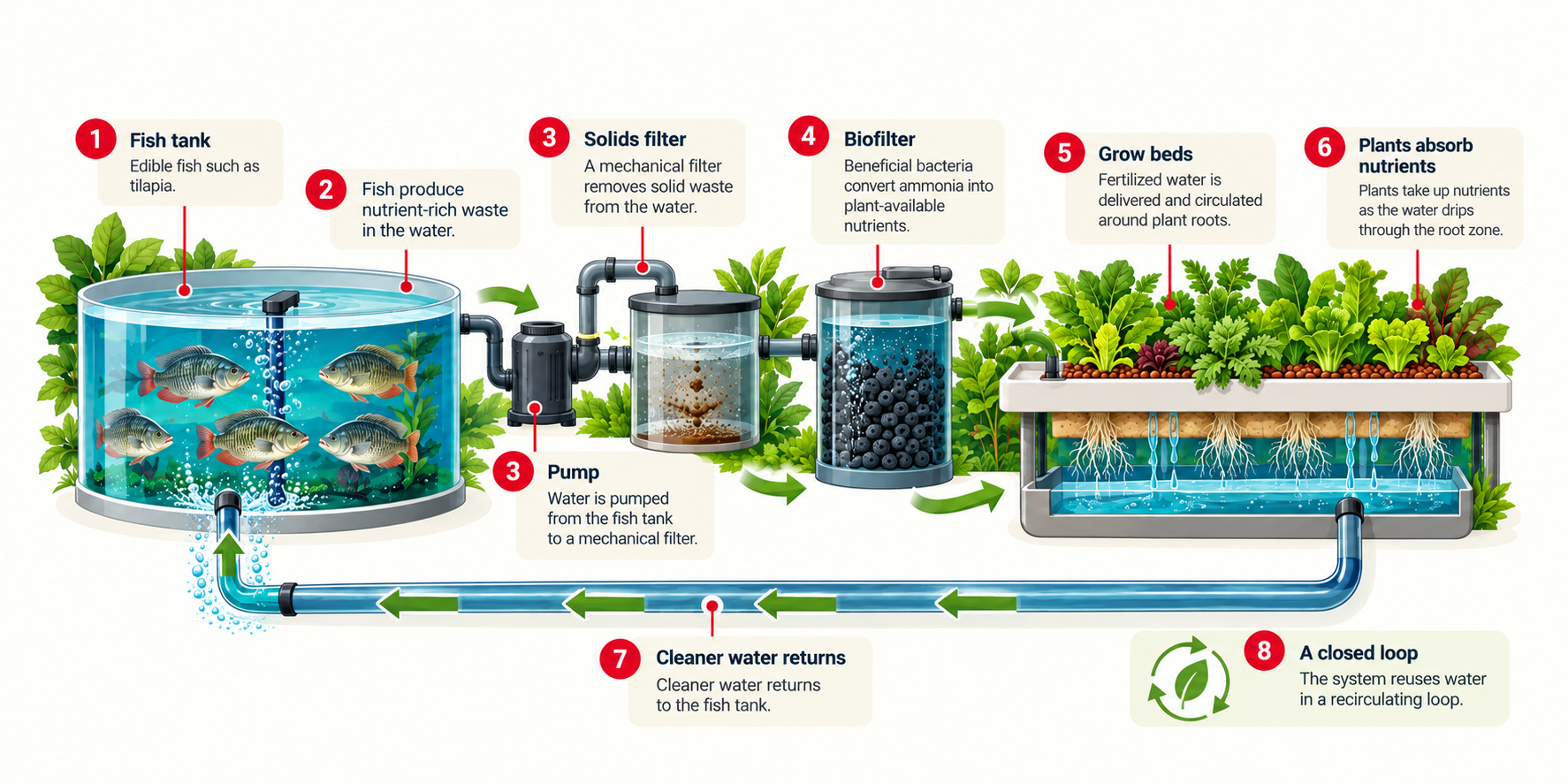 Aquaponics cycle: fish tank water flows through a pump, solids filter and biofilter into plant grow beds, then returns to the fish tank