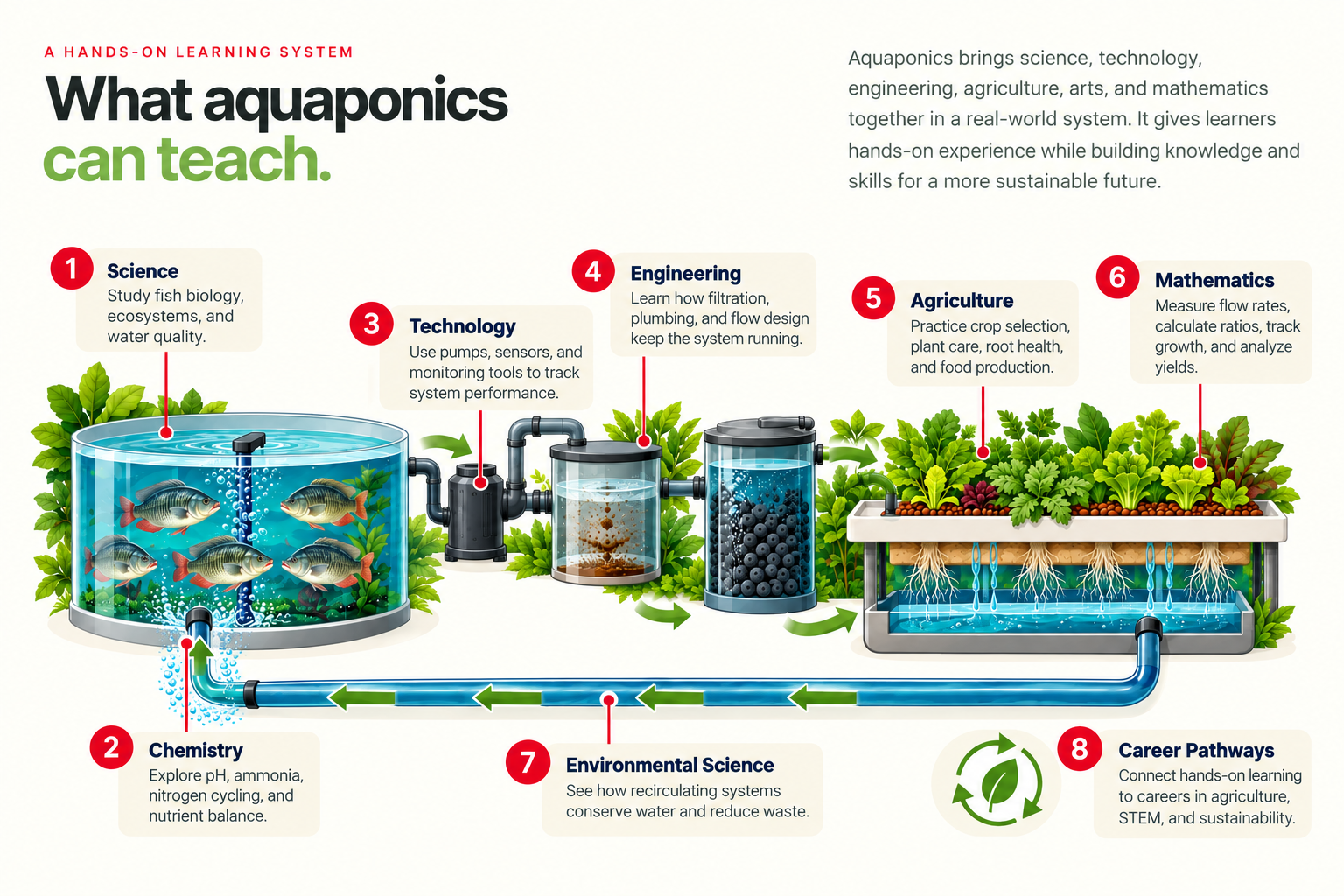 What aquaponics can teach: eight illustrated STEM and STEAM lessons spanning fish biology, chemistry, technology, engineering, agriculture, mathematics, environmental science, and career pathways