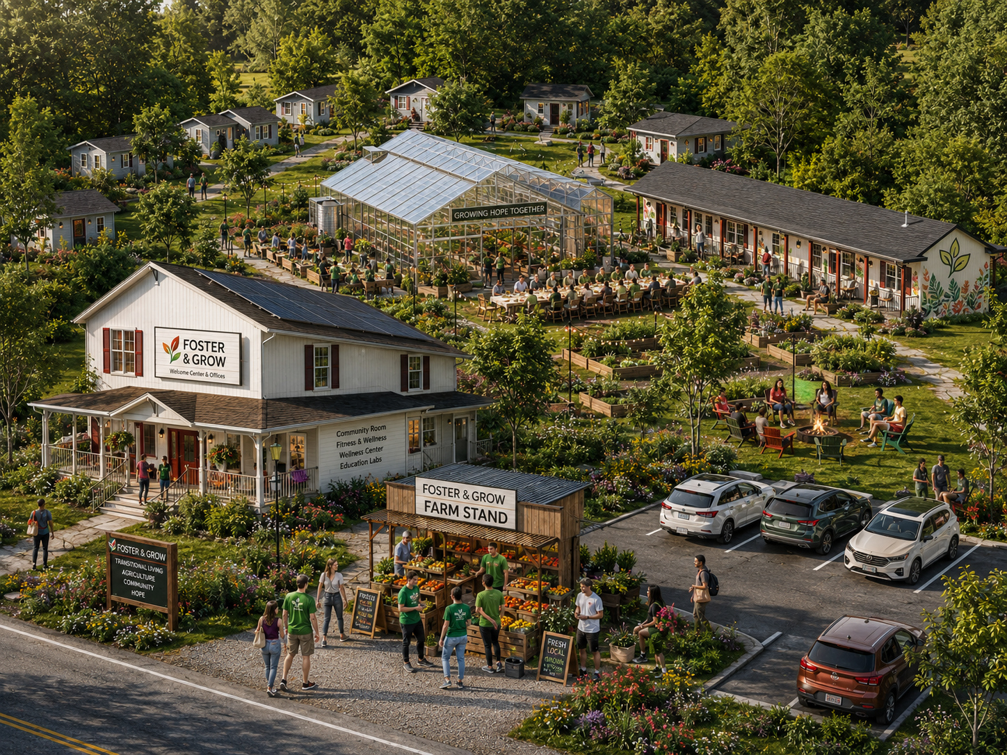 Conceptual Foster and Grow campus vision showing indoor growing spaces, housing, community center, and farm stand