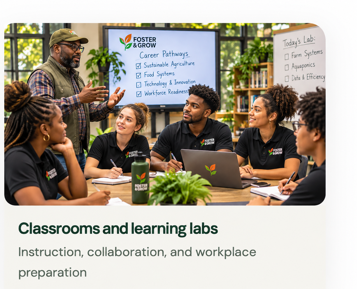 Diverse Foster and Grow polo-wearing students learning with a guest speaker in a classroom