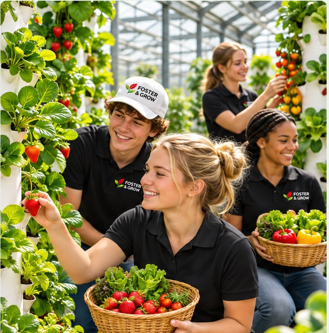 Concept image of diverse Foster and Grow students harvesting strawberries and vegetables from indoor vertical grow towers