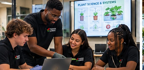 Young adults in Foster and Grow branded polos working together at a computer