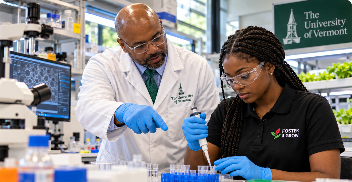 Illustrative UVM laboratory mentorship scene: scientist guiding a Black woman Foster & Grow apprentice while pipetting samples
